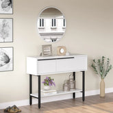 Vue complète console blanche CYRIUS avec miroir dans une entrée moderne.